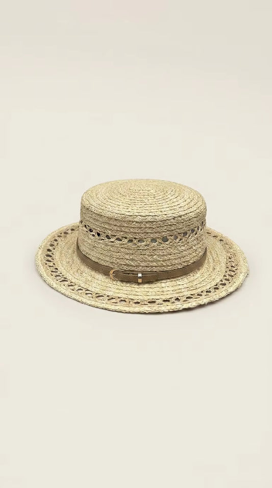 Open-Weave Raffia Hat with Slim Leather Belt