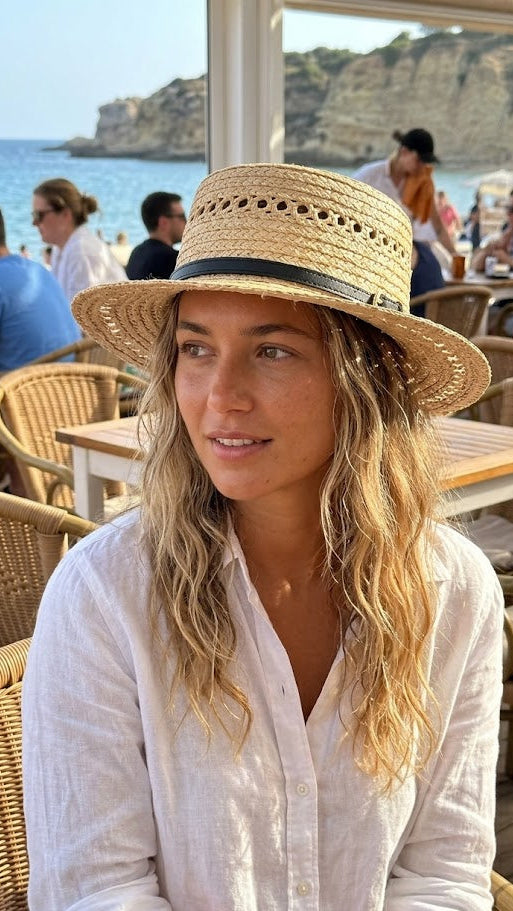 Open-Weave Raffia Hat with Slim Leather Belt