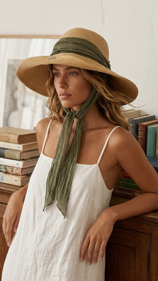 Wide Brim Straw Sun Hat with Elongated Ribbon for Women