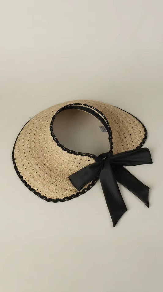 The Provence Raffia Sun Visor | Hand-woven Foldable Beach Hat with Silk Bow