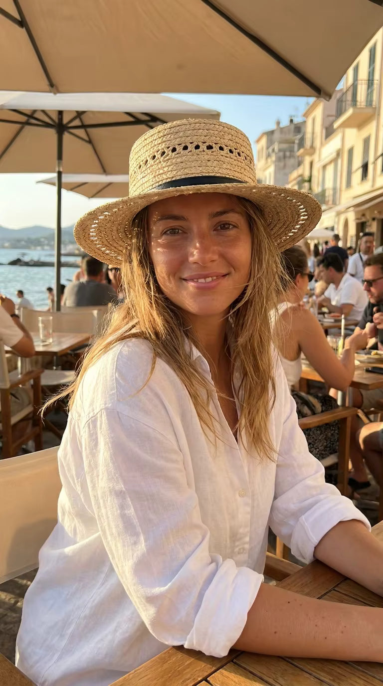 Open-Weave Raffia Hat with Slim Leather Belt