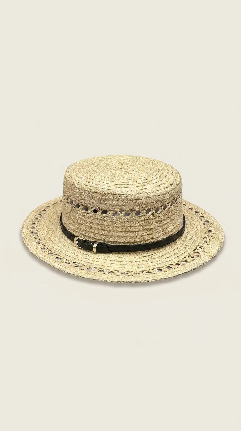 Open-Weave Raffia Hat with Slim Leather Belt