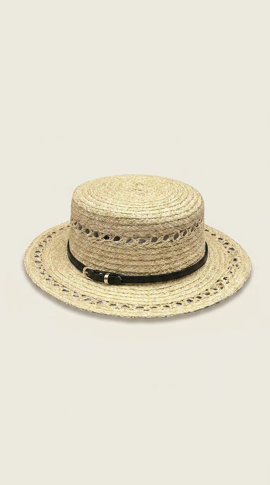 Open-Weave Raffia Hat with Slim Leather Belt