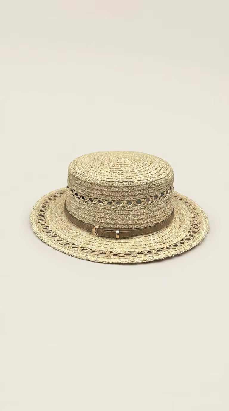 Open-Weave Raffia Hat with Slim Leather Belt