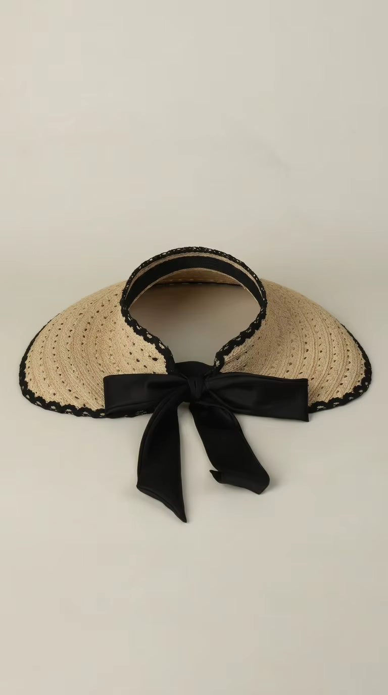 The Provence Raffia Sun Visor | Hand-woven Foldable Beach Hat with Silk Bow