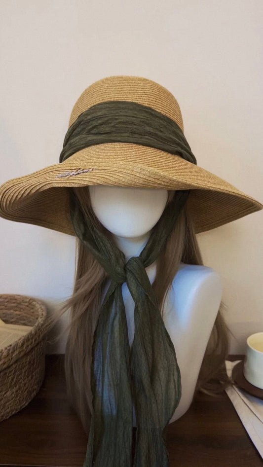 Wide Brim Straw Sun Hat with Elongated Ribbon for Women