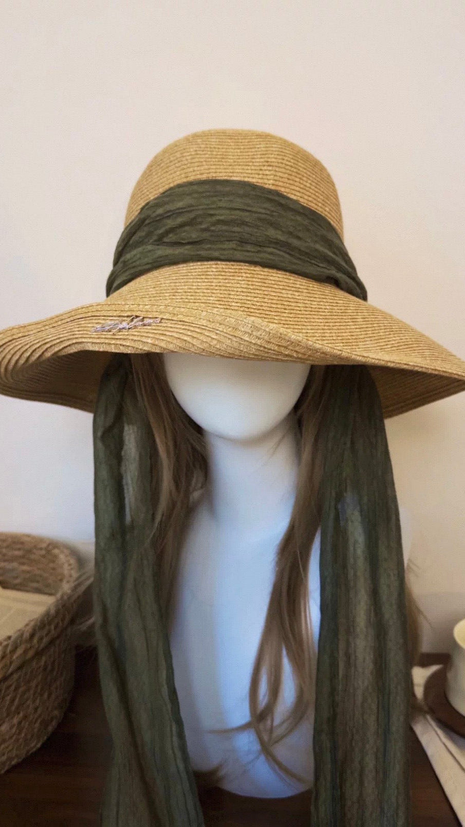 Wide Brim Straw Sun Hat with Elongated Ribbon for Women