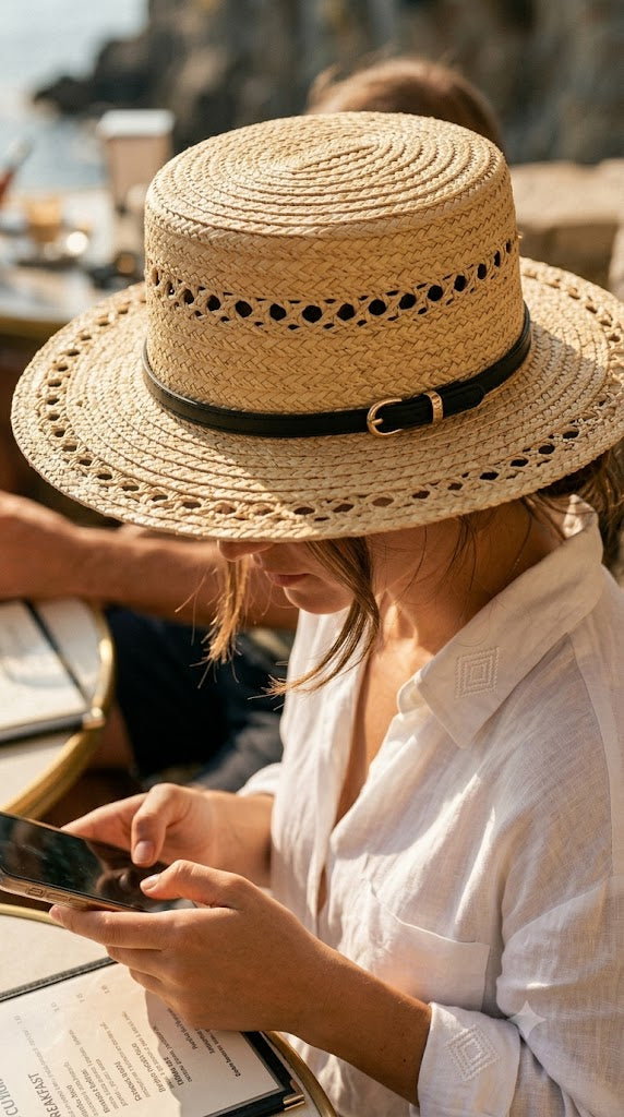 Open-Weave Raffia Hat with Slim Leather Belt